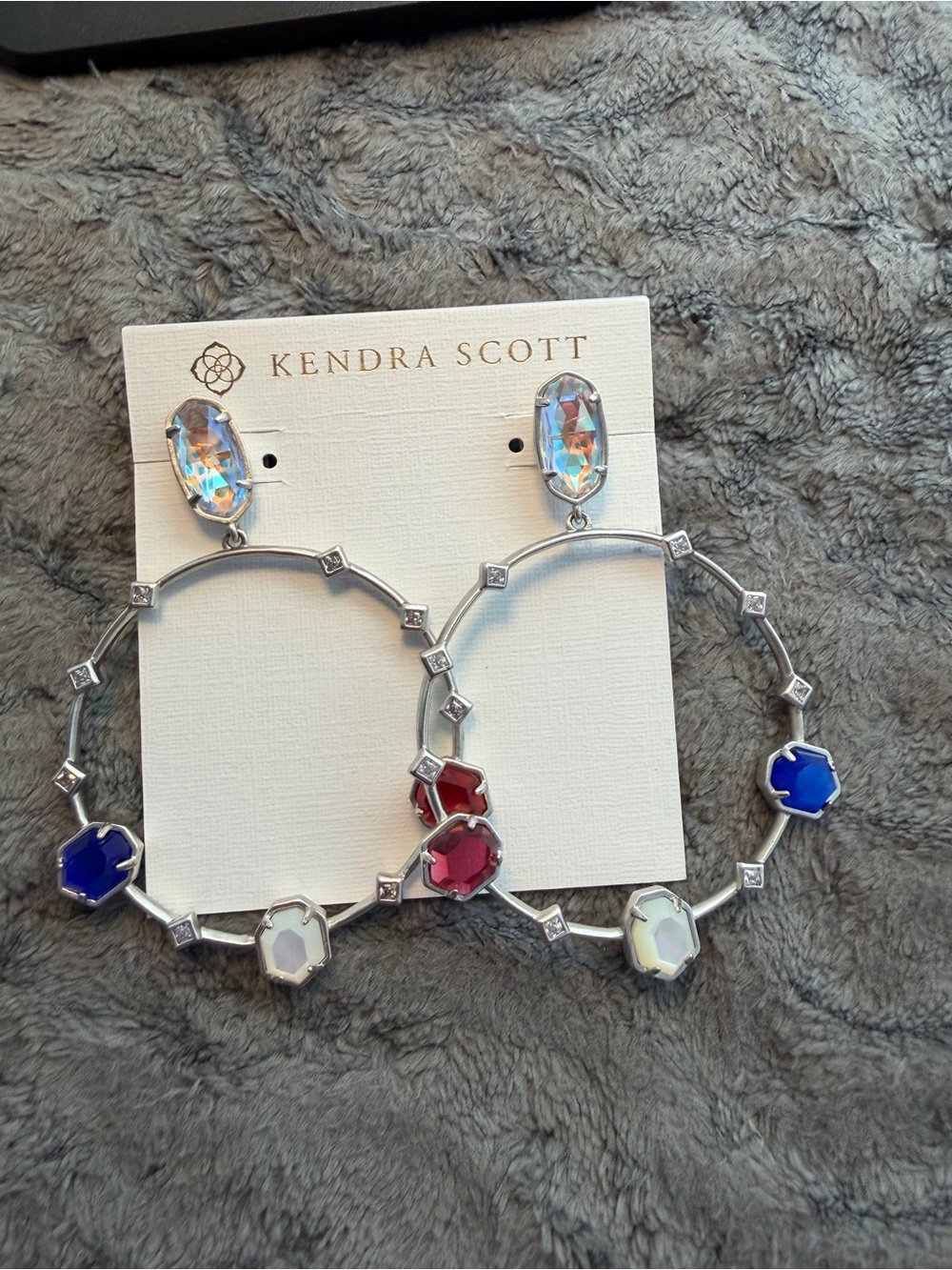 Kendra Scott Silver Hoop Earrings with Blue, Red and Opalescent Stones